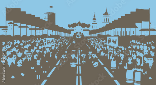 Crowd of People Walking Down Street.