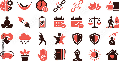 Digital privacy lifestyle illustration featuring security icons, a person meditating, and various digital elements from an overhead viewpoint, showcasing a 2K resolution design in EPS format.