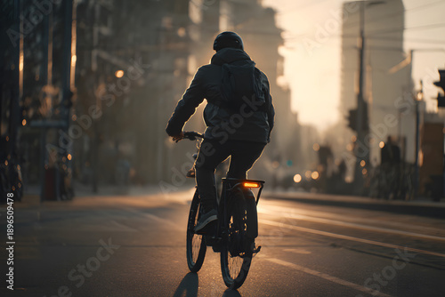 Biker rides through urban streets at sunset with city buildings around