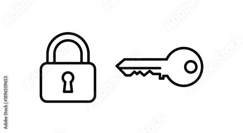 A padlock and key depicted in a simple black outline silhouette