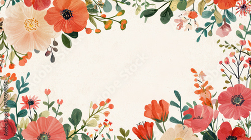 An elegant floral arrangement featu coral red poppies, delicate blush blooms and green leaves beautifully frames a soft cream background, inviting sp.