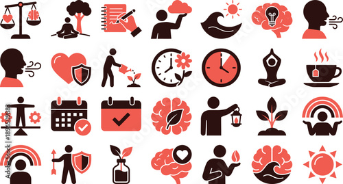 Collection of icons representing ethical consumer choices with people and objects in a modern, simplified style from a straightforward viewpoint