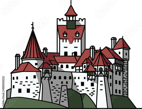 Ancient Stone Castle Illustration with Red Roofs and Multiple Towers