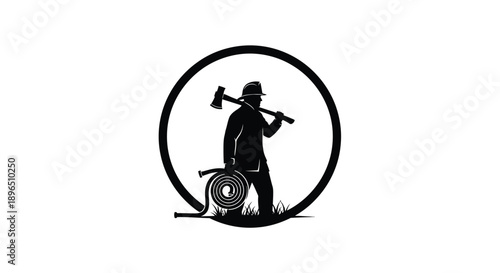 Professional Firefighter Silhouette with Axe and Hose Ready for Emergency Rescue