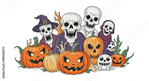 Ghoulish Skeletons and Festive Jack-o'-Lanterns Celebrating Halloween Night Illustration