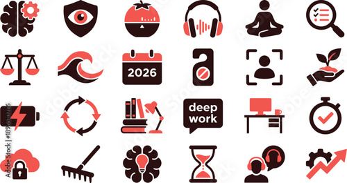 A collection of icons representing business and technology concepts, including focus, economy, and deep work, in a grid layout on a neutral background from a straightforward viewpoint