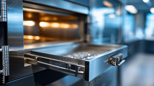 Close-up modern stylized anonymous safety deposit box at bank, half open revealing empty interior, defocused vault background, soft spotlight highlighting, security storage, with