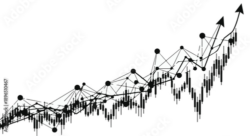 Black and white line graph with upward trend and network connections