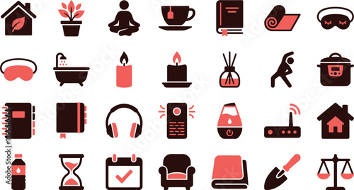 A serene collection of wellness icons representing relaxation and self-care, illustrated in a minimalist style, viewed from a straightforward perspective