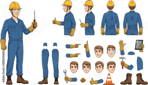 Construction worker character with tools and accessories