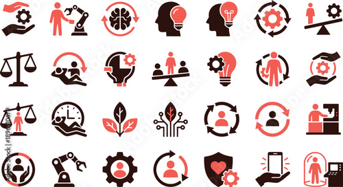 Collection of red and black icons representing various concepts, wellness, and technology, in a grid layout, viewed from directly above