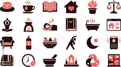 Collection of red and black icons representing various lifestyle elements, automation, and human-centered design concepts on a clean background, viewed from a straightforward perspective