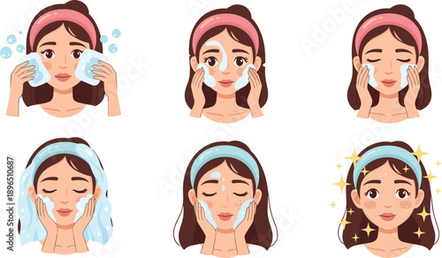 Step-by-step instructional graphic showing six-stage facial skincare routine with cleansing, moisturizing, and glowing skin visuals