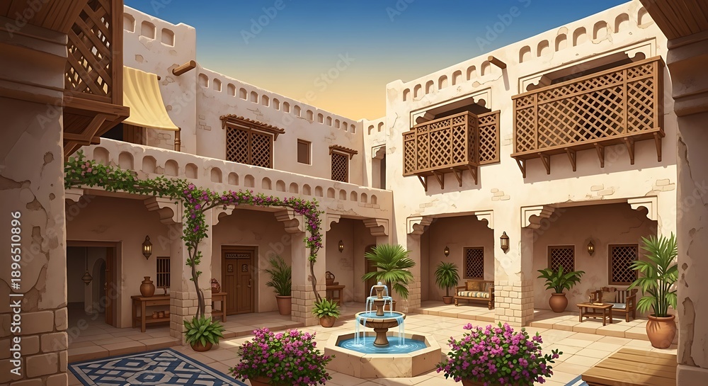 Naklejka premium Traditional Middle Eastern Courtyard Architecture Design.