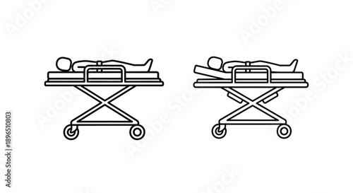 Two hospital stretchers depicted in a minimalist black outline silhouette