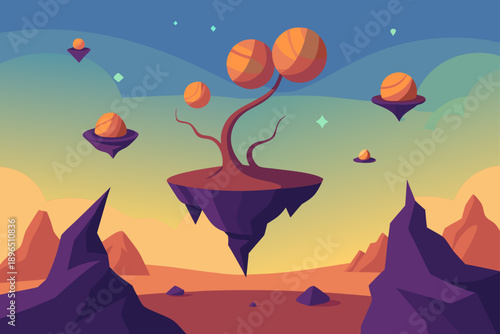 Surreal Landscape of Floating Rocks and Twisting Trees