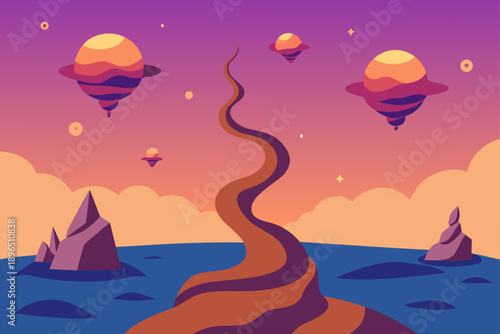 Surreal Landscape of Floating Rocks and Twisting Trees