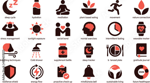 A collection of black and red icons representing mental wellness and self-care activities in a modern digital environment from a straightforward viewpoint