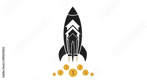 Rocket ship launching with golden coins exploding