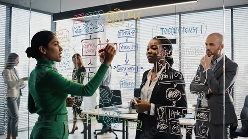 Diverse business team collaboration on glass wall in modern office space