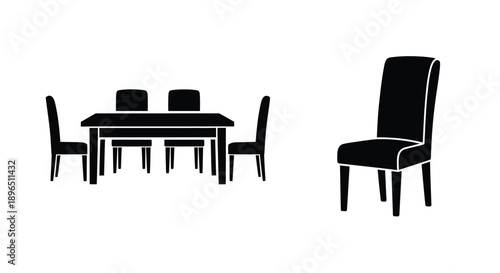 Simple dining room furniture arrangement in a stark black silhouette