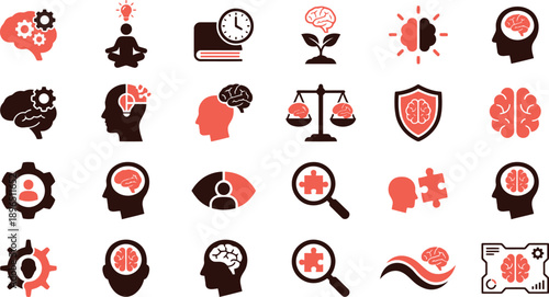 Assorted mental wellness icons representing mindfulness, self-reflection, and psychological balance in a digital illustration.