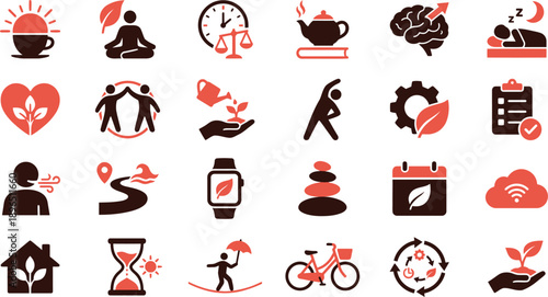 Collection of minimalist icons representing a serene and luxurious lifestyle, featuring wellness, technology, and eco-friendly symbols in a modern, illustrative style.