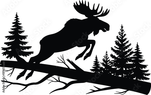 Moose jumping over fallen tree silhouette in forest landscape, wildlife vector illustration symbolizing strength, freedom, wilderness adventure, and nature conservation on white background