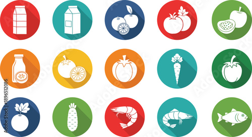 Flat Food and Beverage Icon Set with Fruits Vegetables Seafood and Milk Isolated on White Background