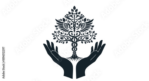 Hands cradling a tree with intricate branches and leaves