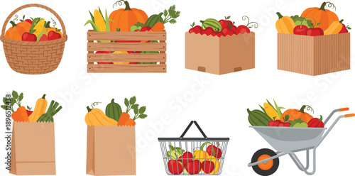 Fresh Vegetable Harvest Illustration Set with Crates Baskets Boxes and Wheelbarrow Isolated on White Background