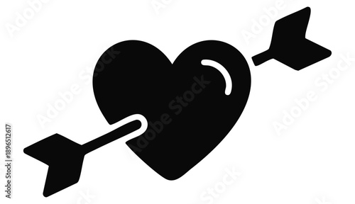 “Minimalist black vector icon of two overlapping hearts pierced by arrows, symbolizing love and attraction. Flat design, solid black silhouette on a white background, clean smooth curves, modern picto