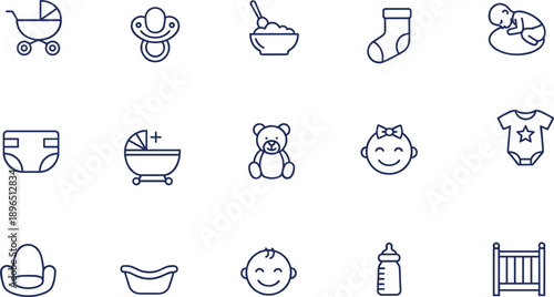 Baby care and nursery line icon set with stroller, pacifier, toys, diaper and newborn essentials illustration