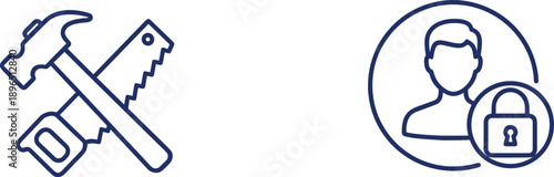 Construction tools and user security line icon set with hammer saw and protected account access symbol illustration