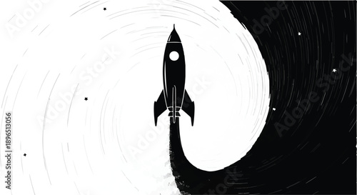 Rocket ship blasting off into space with dynamic motion lines