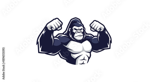 Muscular Gorilla Mascot Flexing Biceps in Strong and Fierce Pose, Power and Fitness Concept, isolated white background.