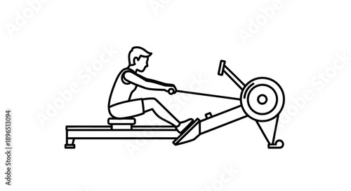Man Exercising on Rowing Machine, Engaged in Full Body Fitness Workout, isolated white background.