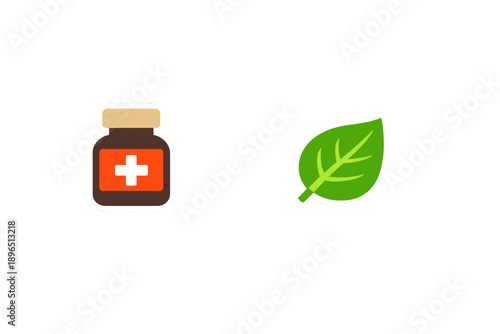 Brown medicine bottle with a white cross next to a green leaf symbol on a plain background