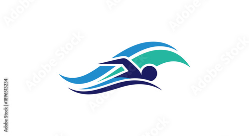 Dynamic stylized swimmer logo with blue and green waves, isolated white background.