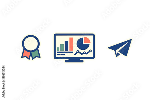 Graphic showing a ribbon, computer screen with graphs, and paper airplane, representing achievements and digital communication methods