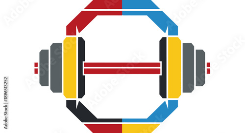 Modern fitness gym logo with a colorful dumbbell inside a hexagonal frame, isolated white background.