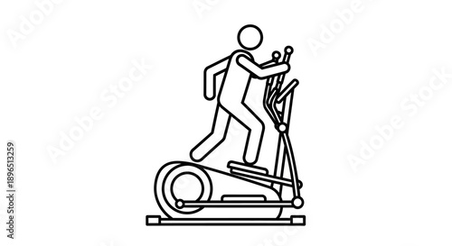 Stick figure person exercising on an elliptical trainer, isolated white background.