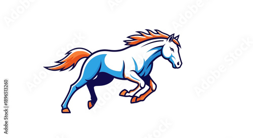 Dynamic stylized horse mascot running or galloping in blue and orange, isolated white background.