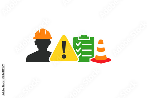 Construction site safety with worker, warning signs, checklist, and traffic cone during daytime hours