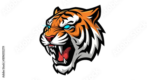 Fierce roaring tiger head mascot with blue eyes, isolated white background.