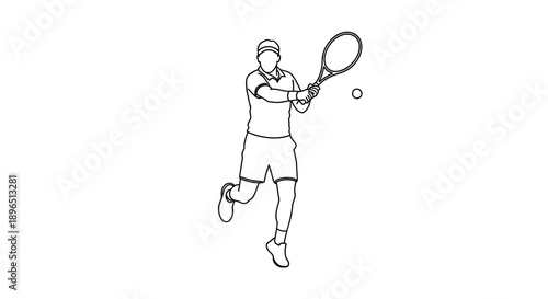 Energetic male tennis player jumping to hit the ball with racket, isolated white background line art.