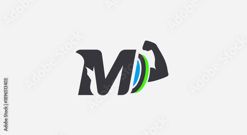 Strong M letter logo design with a green bicep muscle arm, isolated white background.