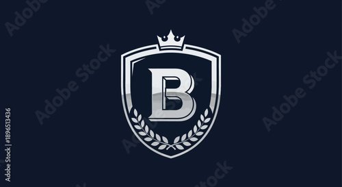 Elegant B Monogram Initial Shield Logo with Crown and Laurel Wreath on Dark Blue Background
