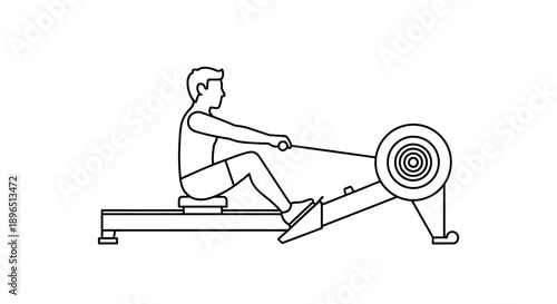 Man Exercising on Rowing Machine Outline Icon on Isolated White Background