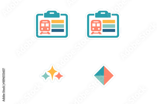 Designs of train tickets and colorful shapes shown in a simple layout that can be used for various purposes